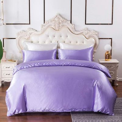 5 PC Satin Bedding Set Soft Silky Satin Bed Set with Zipper Closure & Corner Ties With 600 Thread Count 18'' Deep Pocket of Fitted Sheet (Duvet cover+Fitted+Flat+Pillowcases)Oversized King ,Lavender
