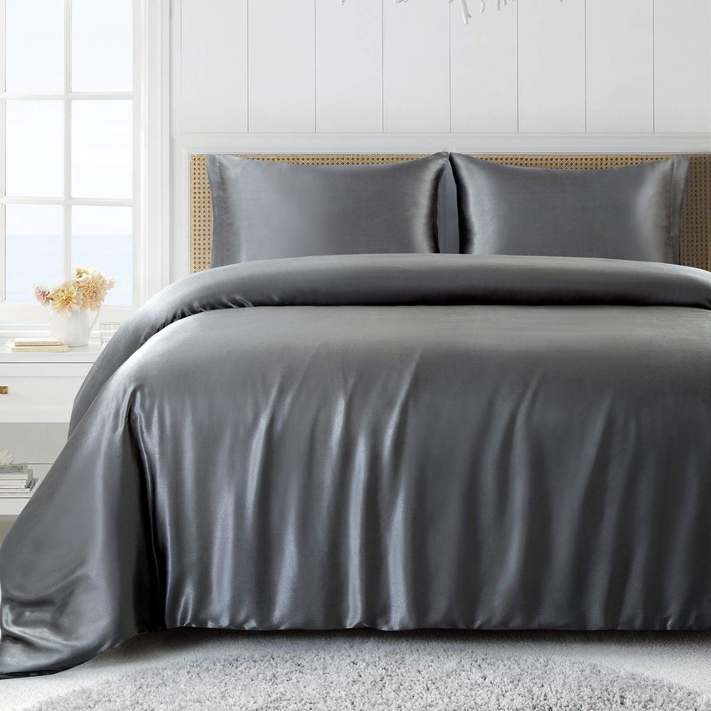 5 PC Satin Bedding Set Soft Silky Satin Bed Set with Zipper Closure & Corner Ties With 600 Thread Count 18'' Deep Pocket of Fitted Sheet (Duvet cover+Fitted+Flat+Pillowcases)Oversized King ,Grey