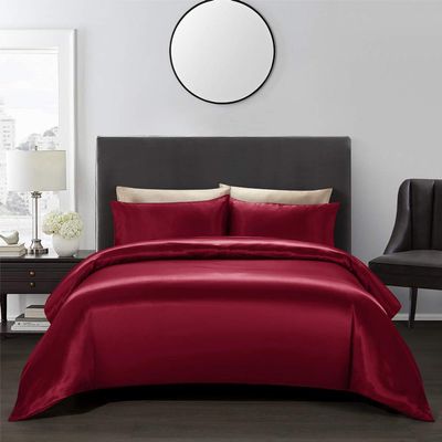 5 PC Satin Bedding Set Soft Silky Satin Bed Set with Zipper Closure & Corner Ties With 600 Thread Count 18'' Deep Pocket of Fitted Sheet (Duvet cover+Fitted+Flat+Pillowcases)Oversized King ,Wine Red