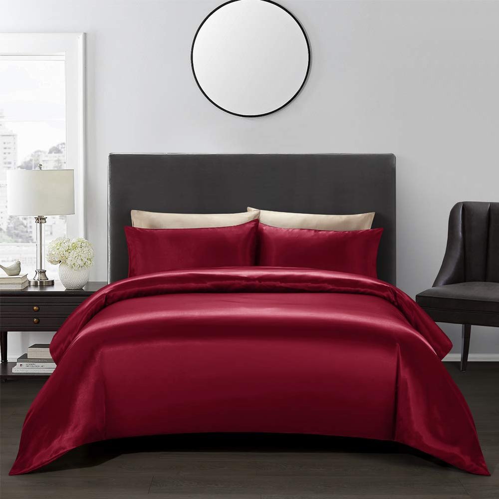 5 PC Satin Bedding Set Soft Silky Satin Bed Set with Zipper Closure & Corner Ties With 600 Thread Count 18'' Deep Pocket of Fitted Sheet (Duvet cover+Fitted+Flat+Pillowcases)Oversized King ,Wine Red