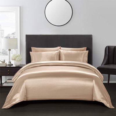 5 PC Satin Bedding Set Soft Silky Satin Bed Set with Zipper Closure & Corner Ties With 600 Thread Count 18'' Deep Pocket of Fitted Sheet (Duvet cover+Fitted+Flat+Pillowcases)Oversized King ,Khaki