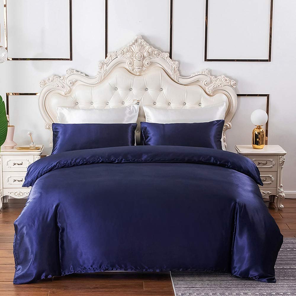 5 PC Satin Bedding Set Soft Silky Satin Bed Set with Zipper Closure & Corner Ties With 600 Thread Count 18'' Deep Pocket of Fitted Sheet (Duvet cover+Fitted+Flat+Pillowcases)Queen/Full ,Navy Blue