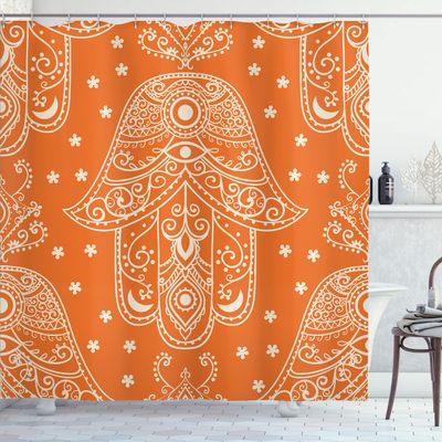 Ambesonne Hamsa Shower Curtain, Egyptian Boho Hand Shape Pattern Eye Design Bridal Night Inspired Art, Cloth Fabric Bathroom Decor Set with Hooks, 69" W x 75" L, Orange White