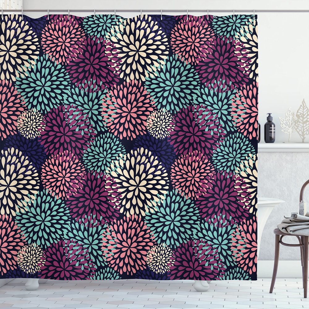 Ambesonne Floral Shower Curtain, Modern Floral Ornate Petals Flourish Traditional Springtime Garden Leaves, Cloth Fabric Bathroom Decor Set with Hooks, 69" W x 70" L, Seafoam Salmon