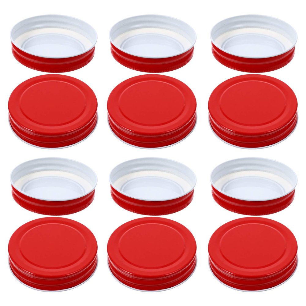 12pcs Jar Lids Tinplate Airtight Canning Jars Caps Leakproof Split Sealing Cover Round Metal Ring for Regular Mouth Kerr Jars Bottles 70mm Red