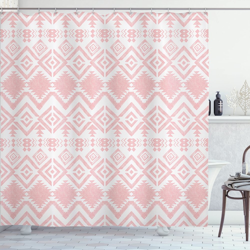 Ambesonne Tribal Shower Curtain, Hand Drawn Style Ethnic Pattern Geometric and Ornamental Aztec Design Print, Cloth Fabric Bathroom Decor Set with Hooks, 69" W x 75" L, Pale Pink