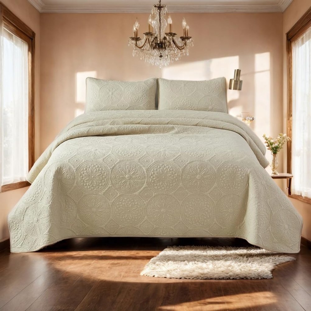 Brandream Luxury Beige Quilt Bedding Set King Size Cotton Luxury Elegant Medallion Matelasse Coverlet Set 3-Piece