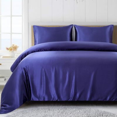 5 PC Satin Bedding Set Soft Silky Satin Bed Set with Zipper Closure & Corner Ties With 600 Thread Count 18'' Deep Pocket of Fitted Sheet (Duvet cover+Fitted+Flat+Pillowcases)Twin/TwinXL ,Blue