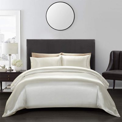5 PC Satin Bedding Set Soft Silky Satin Bed Set with Zipper Closure & Corner Ties With 600 Thread Count 18'' Deep Pocket of Fitted Sheet (Duvet cover+Fitted+Flat+Pillowcases)Queen/Full ,Ivory