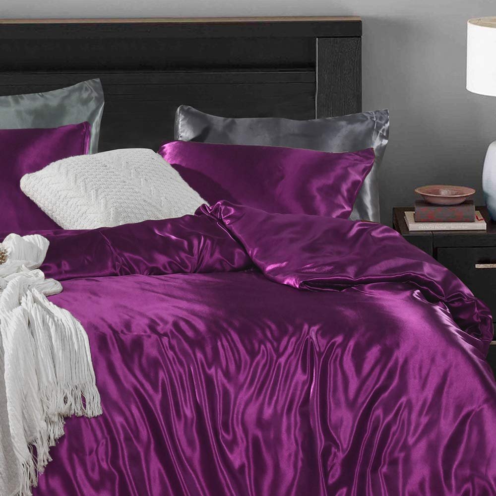 5 PC Satin Bedding Set Soft Silky Satin Bed Set with Zipper Closure & Corner Ties With 600 Thread Count 18'' Deep Pocket of Fitted Sheet (Duvet cover+Fitted+Flat+Pillowcases)Queen/Full ,Purple