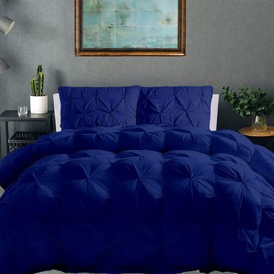 100% Organic Cotton Pinch Pleated Comforter with 2 Pillow,500 GSM Ultra-Soft Goose Down with 4 Corner Tabs Beautiful Pinch Pleat Baffle Box Design,Light Weight Comforter(Queen/Full-Royal Blue)