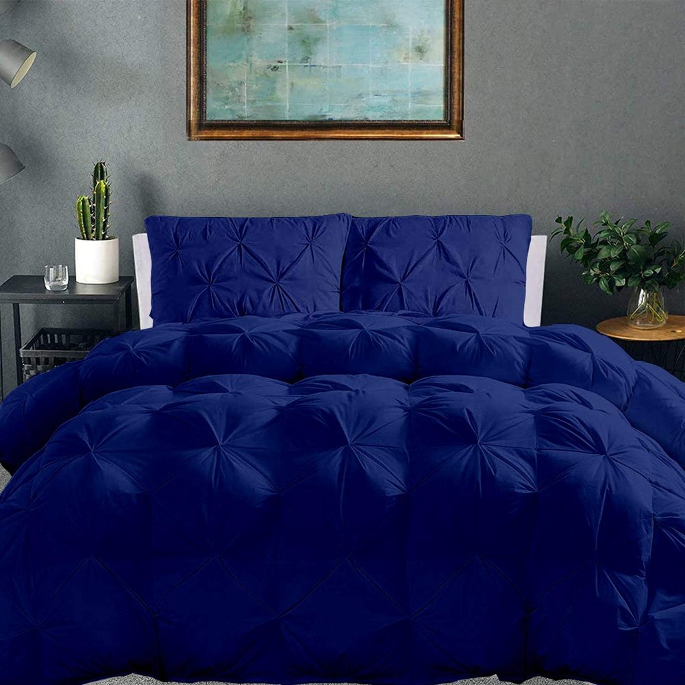100% Organic Cotton Pinch Pleated Comforter with 2 Pillow,500 GSM Ultra-Soft Goose Down with 4 Corner Tabs Beautiful Pinch Pleat Baffle Box Design,Light Weight Comforter(Queen/Full-Royal Blue)