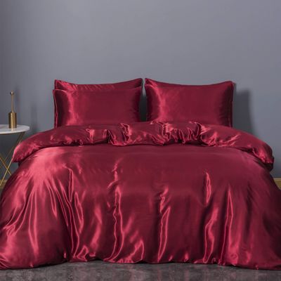 5 PC Satin Bedding Set Soft Silky Satin Bed Set with Zipper Closure & Corner Ties With 600 Thread Count 18'' Deep Pocket of Fitted Sheet (Duvet cover+Fitted+Flat+Pillowcases)Oversized King ,Burgundy