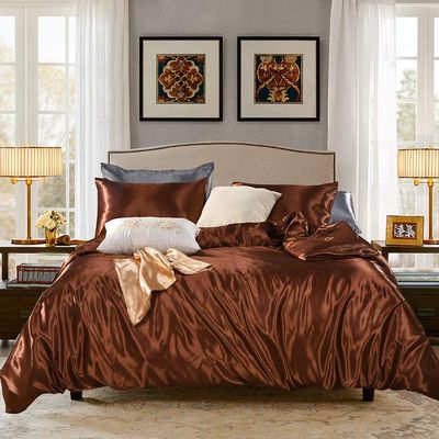 5 PC Satin Bedding Set Soft Silky Satin Bed Set with Zipper Closure & Corner Ties With 600 Thread Count 18'' Deep Pocket of Fitted Sheet (Duvet cover+Fitted+Flat+Pillowcases)Queen/Full ,Brown