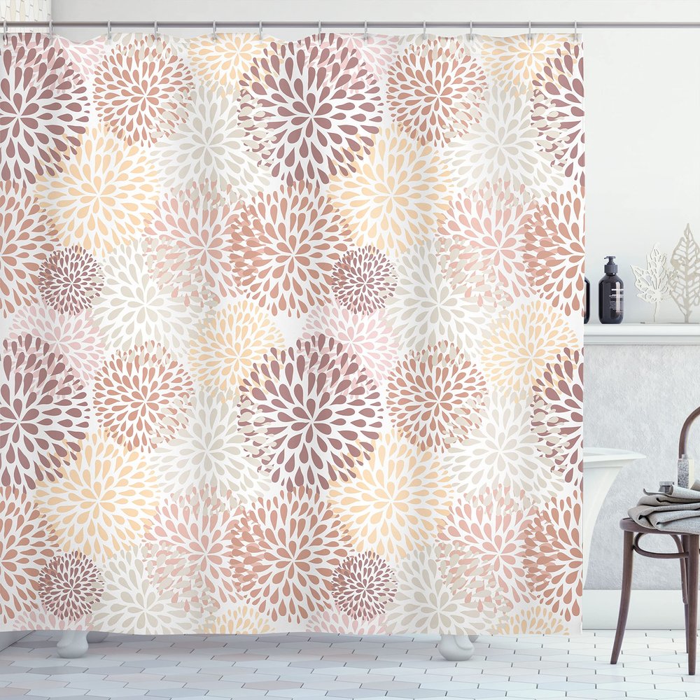Ambesonne Floral Shower Curtain, Modern Floral Ornate Petals Flourish Traditional Springtime Garden Leaves, Cloth Fabric Bathroom Decor Set with Hooks, 69" W x 70" L, Beige Peach