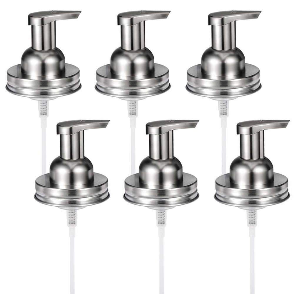 Amolliar Mason Jar Foaming Soap Dispenser Pump Lids (6 Pack), Refillable Foaming Pump Replacement for 16oz Regular Mouth Mason Jar, Waterproof Sticker, Kitchen Bathroom Farmhouse Decor, Brushed Nickel