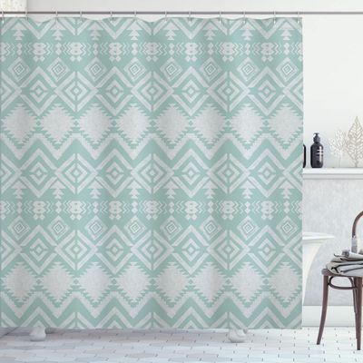 Ambesonne Tribal Shower Curtain, Hand Drawn Style Ethnic Pattern Geometric and Ornamental Aztec Design Print, Cloth Fabric Bathroom Decor Set with Hooks, 69" W x 70" L, Mint Green