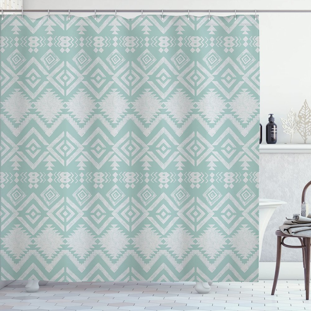 Ambesonne Tribal Shower Curtain, Hand Drawn Style Ethnic Pattern Geometric and Ornamental Aztec Design Print, Cloth Fabric Bathroom Decor Set with Hooks, 69" W x 70" L, Mint Green