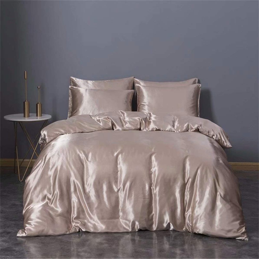 5 PC Satin Bedding Set Soft Silky Satin Bed Set with Zipper Closure & Corner Ties With 600 Thread Count 18'' Deep Pocket of Fitted Sheet (Duvet cover+Fitted+Flat+Pillowcases)Oversized King ,Camel