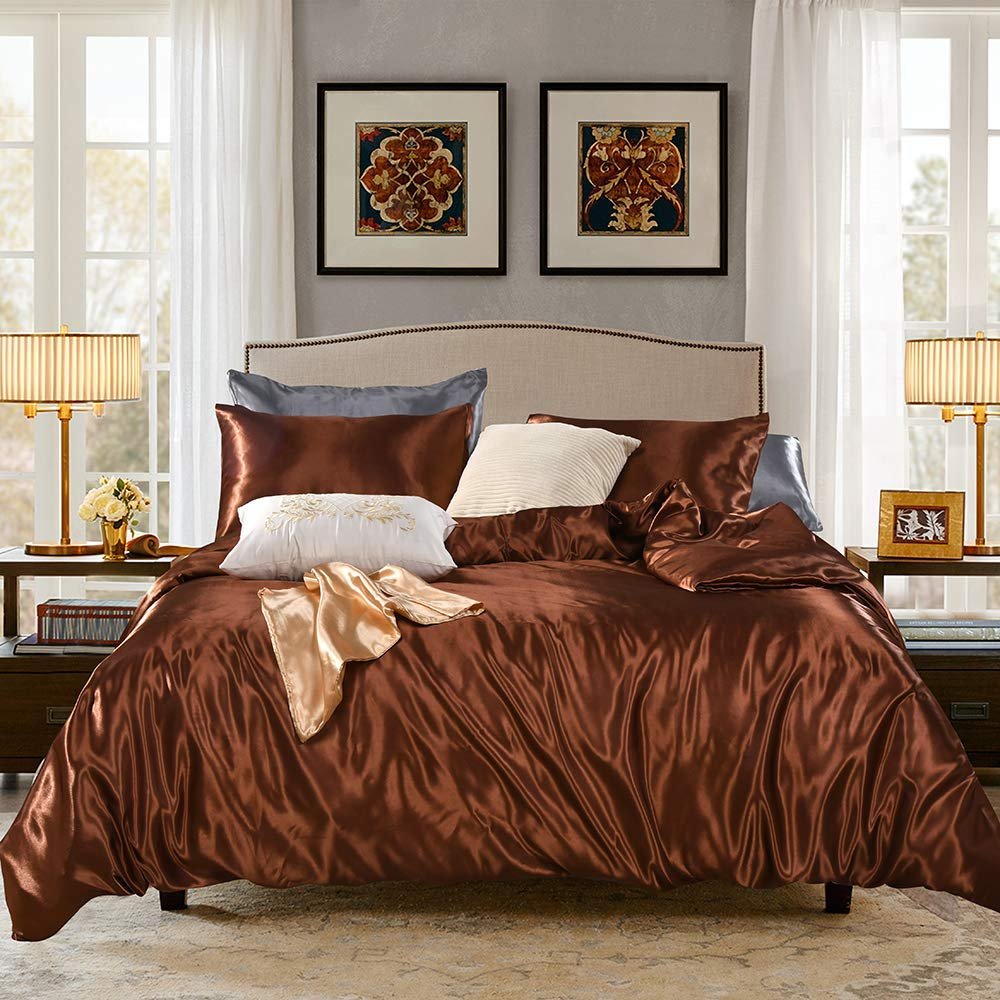 5 PC Satin Bedding Set Soft Silky Satin Bed Set with Zipper Closure & Corner Ties With 600 Thread Count 18'' Deep Pocket of Fitted Sheet (Duvet cover+Fitted+Flat+Pillowcases)Oversized King ,Brown