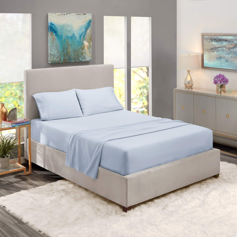 5 Pcs Split Bed Sheet Set + Duvet Cover with Zipper Closure & Corner Ties 100% Combed Cotton 600 TC Split Cal-King Size Sheet Set For Adjustable Bed All Around Fitted Upto 28" DP(6 PC | Ice Blue)