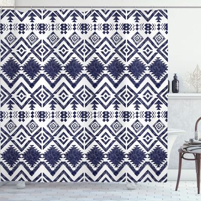 Ambesonne Tribal Shower Curtain, Hand Drawn Style Ethnic Pattern Geometric and Ornamental Aztec Design Print, Cloth Fabric Bathroom Decor Set with Hooks, 69" W x 70" L, Night Blue
