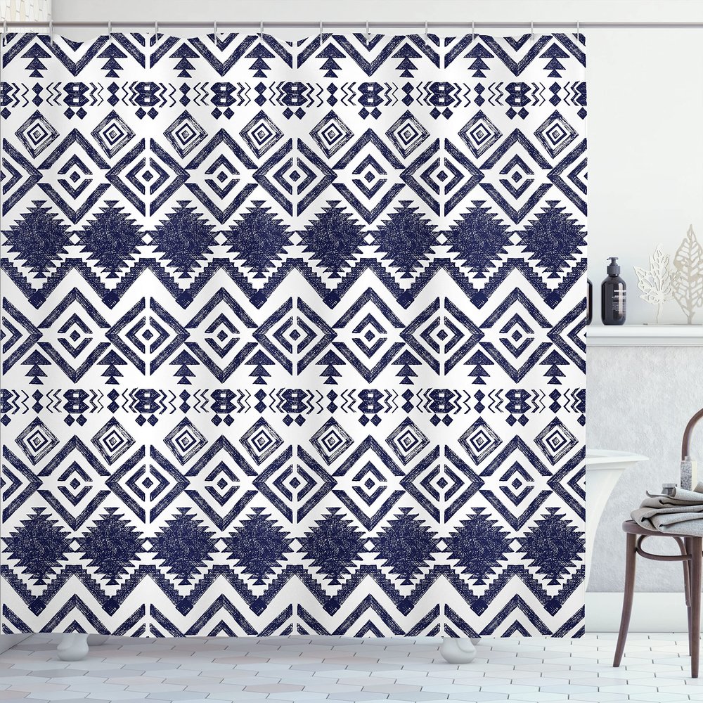 Ambesonne Tribal Shower Curtain, Hand Drawn Style Ethnic Pattern Geometric and Ornamental Aztec Design Print, Cloth Fabric Bathroom Decor Set with Hooks, 69" W x 70" L, Night Blue