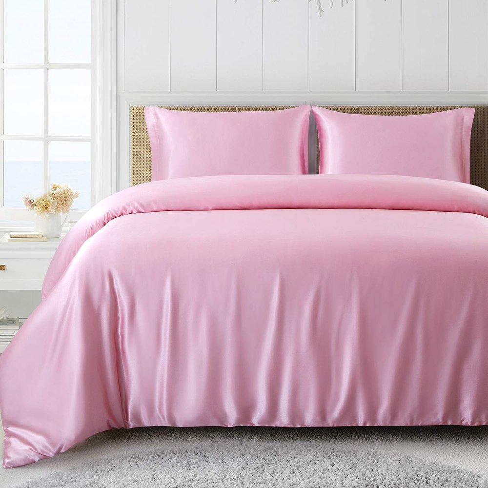 5 PC Satin Bedding Set Soft Silky Satin Bed Set with Zipper Closure & Corner Ties With 600 Thread Count 18'' Deep Pocket of Fitted Sheet (Duvet cover+Fitted+Flat+Pillowcases)Twin/TwinXL ,Pink