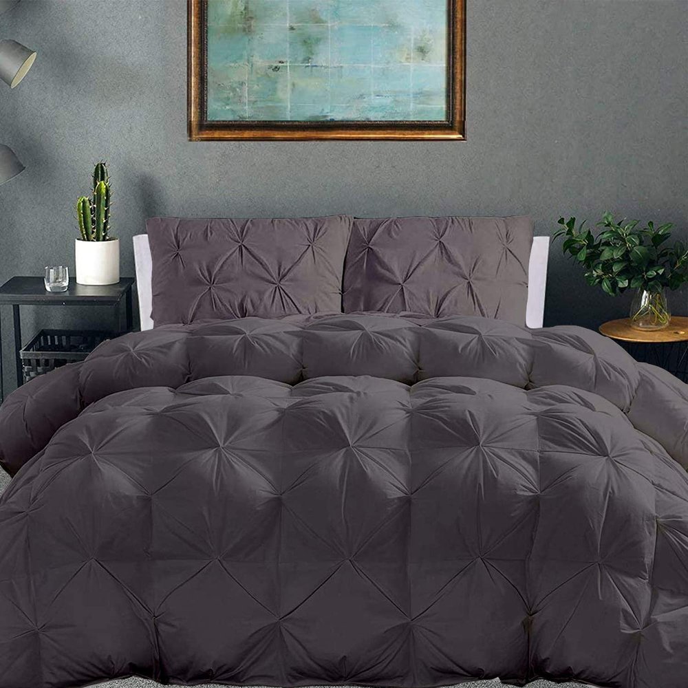 100% Organic Cotton Pinch Pleated Comforter with 2 Pillow,500 GSM Ultra-Soft Goose Down with 4 Corner Tabs Beautiful Pinch Pleat Baffle Box Design,Light Weight Comforter(Queen/Full-Dark Grey)
