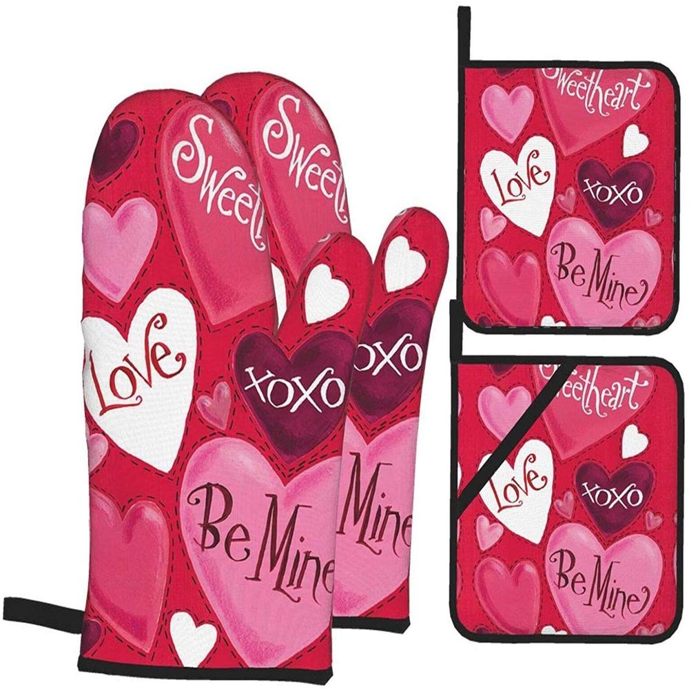 QIANKUI Oven Mitts and Potholders Set of 4, Vintage Stripes Love Hearts Valentine's Day Flowers Heat Resistant Oven Mitten Glove Pot Pad Kitchen Set, C-07