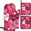 QIANKUI Oven Mitts and Potholders Set of 4, Vintage Stripes Love Hearts Valentine's Day Flowers Heat Resistant Oven Mitten Glove Pot Pad Kitchen Set, C-07 view 1