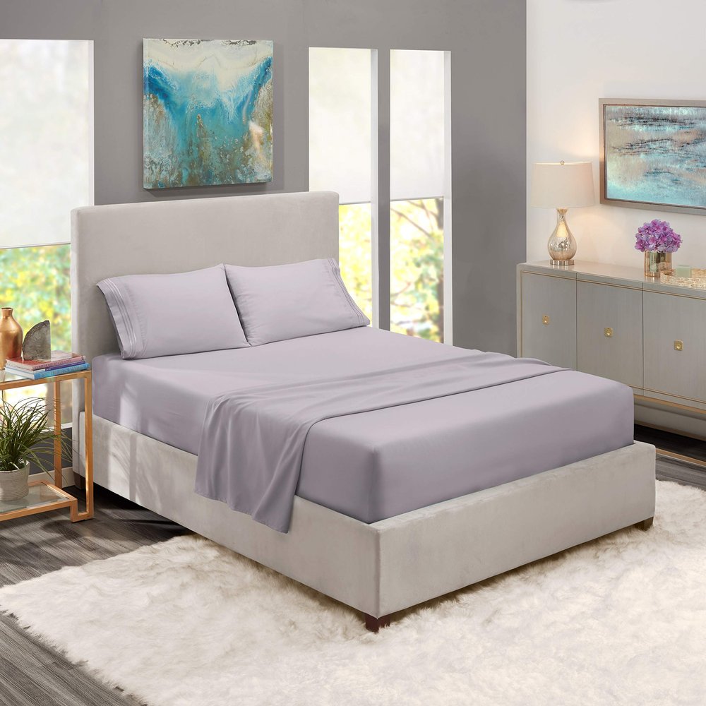 5 Pcs Split Bed Sheet Set + Duvet Cover with Zipper Closure & Corner Ties 100% Cotton 600 TC Split Cal-King Size Sheet Set For Adjustable Bed All Around Fitted Upto 24" DP(6 PC | Light Grey Lavender)