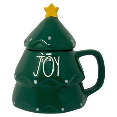 Rae Dunn Green Christmas Tree Mug & Topper - Artisan Collection By Magenta - Beautiful Green Christmas Tree Mug With "JOY" Spelled in Large White Letters LL Font with Christmas Star Topper