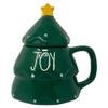 Rae Dunn Green Christmas Tree Mug & Topper - Artisan Collection By Magenta - Beautiful Green Christmas Tree Mug With "JOY" Spelled in Large White Letters LL Font with Christmas Star Topper view 1