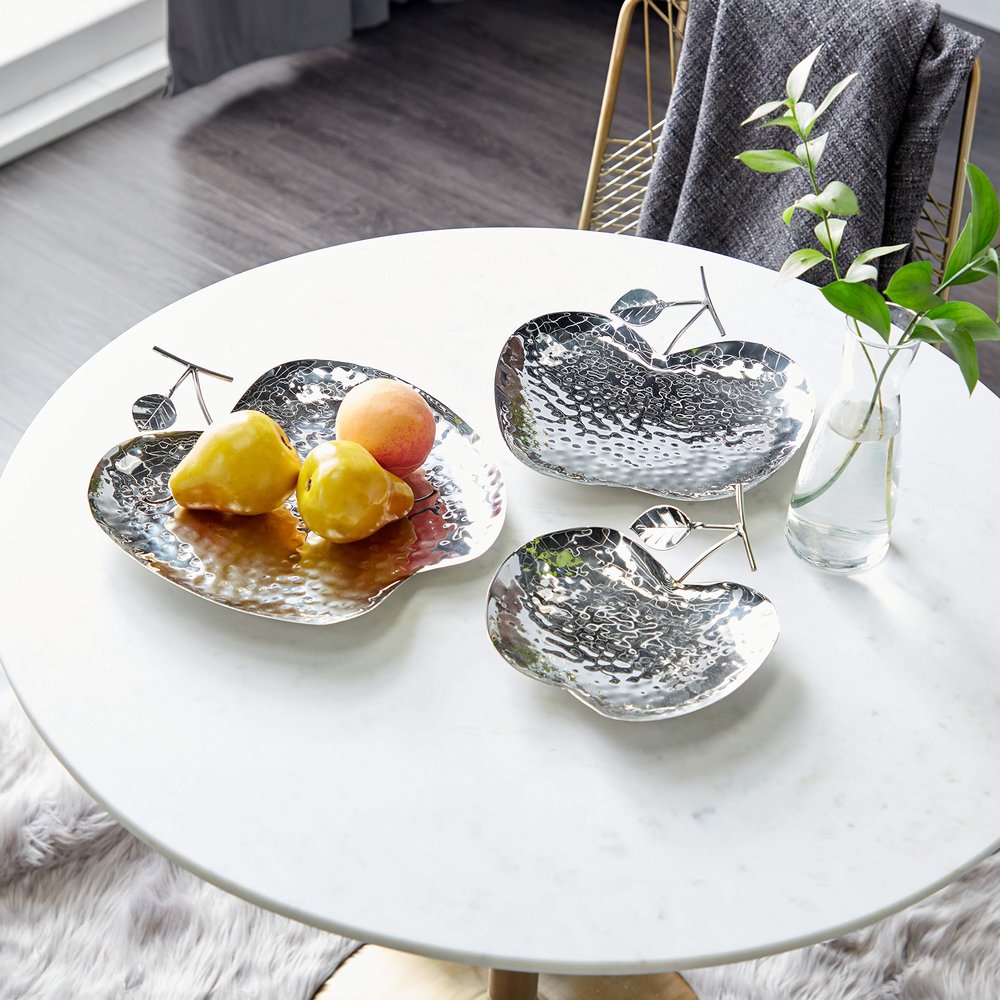 Deco 79 Metal Fruit Apple Tray, Set of 3 9", 11", 13"W, Silver