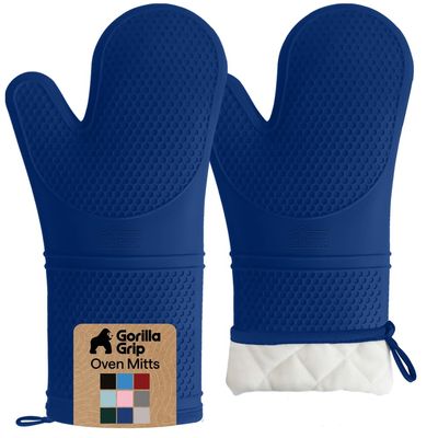 GORILLA GRIP BPA-Free Soft Silicone Oven Mitts, 14.5x8.3, Heat Resistant and Waterproof Cooking Gloves, Thick Cotton Lining, Flexible Gripping for Baking Grilling, Kitchen Potholders Set of 2, Blue