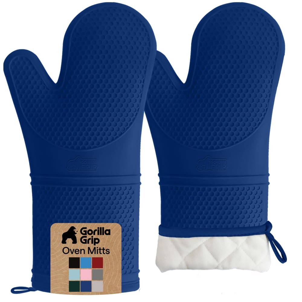 GORILLA GRIP BPA-Free Soft Silicone Oven Mitts, 14.5x8.3, Heat Resistant and Waterproof Cooking Gloves, Thick Cotton Lining, Flexible Gripping for Baking Grilling, Kitchen Potholders Set of 2, Blue