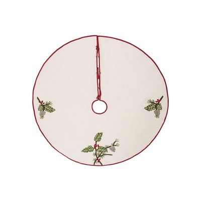 C&F Home Holly and Pinecones Embroidered White Polyester with Red Trim Christmas Tree Skirt, 54.0-in. 54" Tan