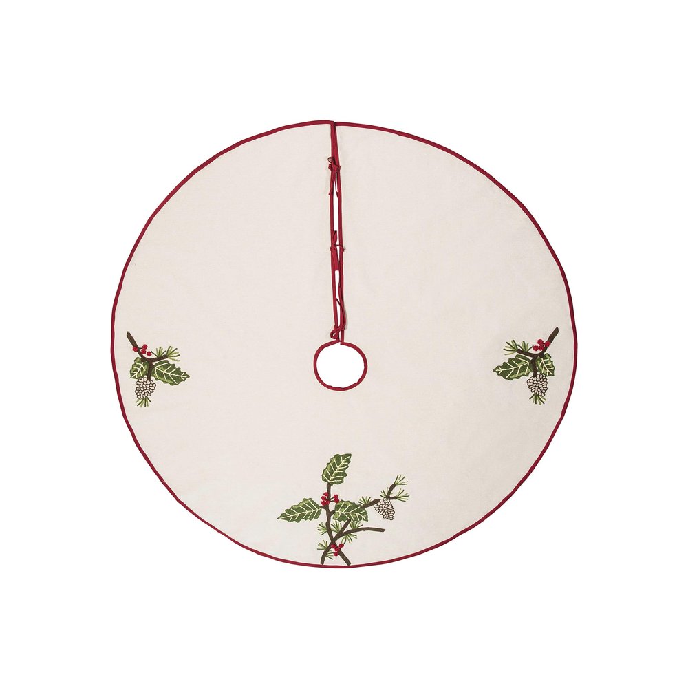 C&F Home Holly and Pinecones Embroidered White Polyester with Red Trim Christmas Tree Skirt, 54.0-in. 54" Tan