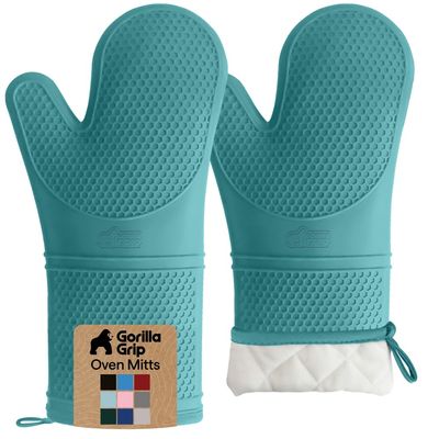 GORILLA GRIP BPA-Free Soft Silicone Oven Mitts, 14.5x8.3, Heat Resistant and Waterproof Cooking Gloves, Thick Cotton Lining, Flexible Gripping for Baking Grilling, Kitchen Potholders Set, Turquoise