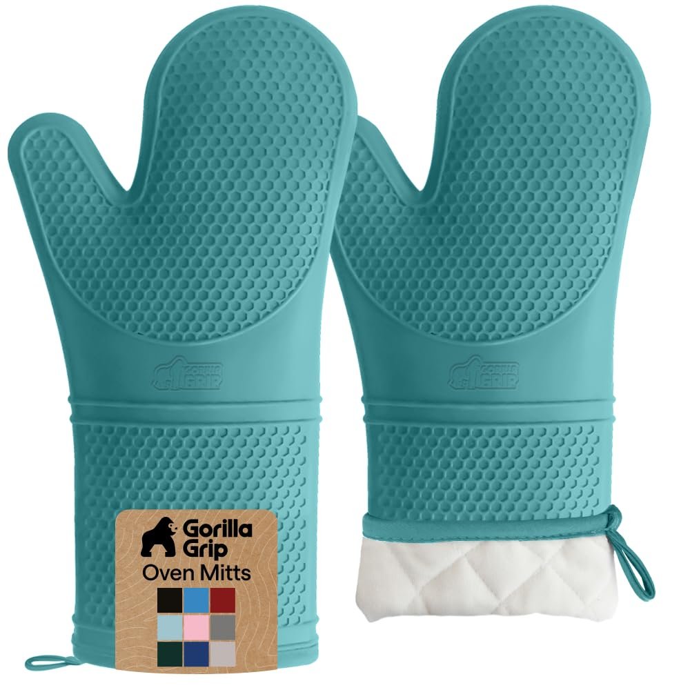 GORILLA GRIP BPA-Free Soft Silicone Oven Mitts, 14.5x8.3, Heat Resistant and Waterproof Cooking Gloves, Thick Cotton Lining, Flexible Gripping for Baking Grilling, Kitchen Potholders Set, Turquoise