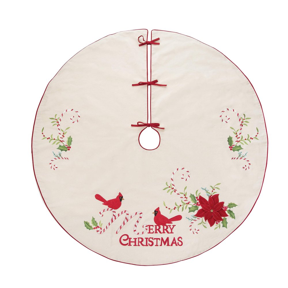 C&F Home Merry Christmas Cardinal Cane Embroidered Polyester Christmas Tree Skirt, 54.0-in. 54" Tan