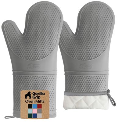 GORILLA GRIP BPA-Free Soft Silicone Oven Mitts, 14.5x8.3, Heat Resistant and Waterproof Cooking Gloves, Thick Cotton Lining, Flexible Gripping for Baking Grilling, Kitchen Potholders Set of 2, Gray