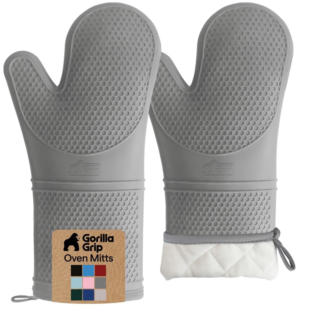 GORILLA GRIP BPA-Free Soft Silicone Oven Mitts, 14.5x8.3, Heat Resistant and Waterproof Cooking Gloves, Thick Cotton Lining, Flexible Gripping for Baking Grilling, Kitchen Potholders Set of 2, Gray