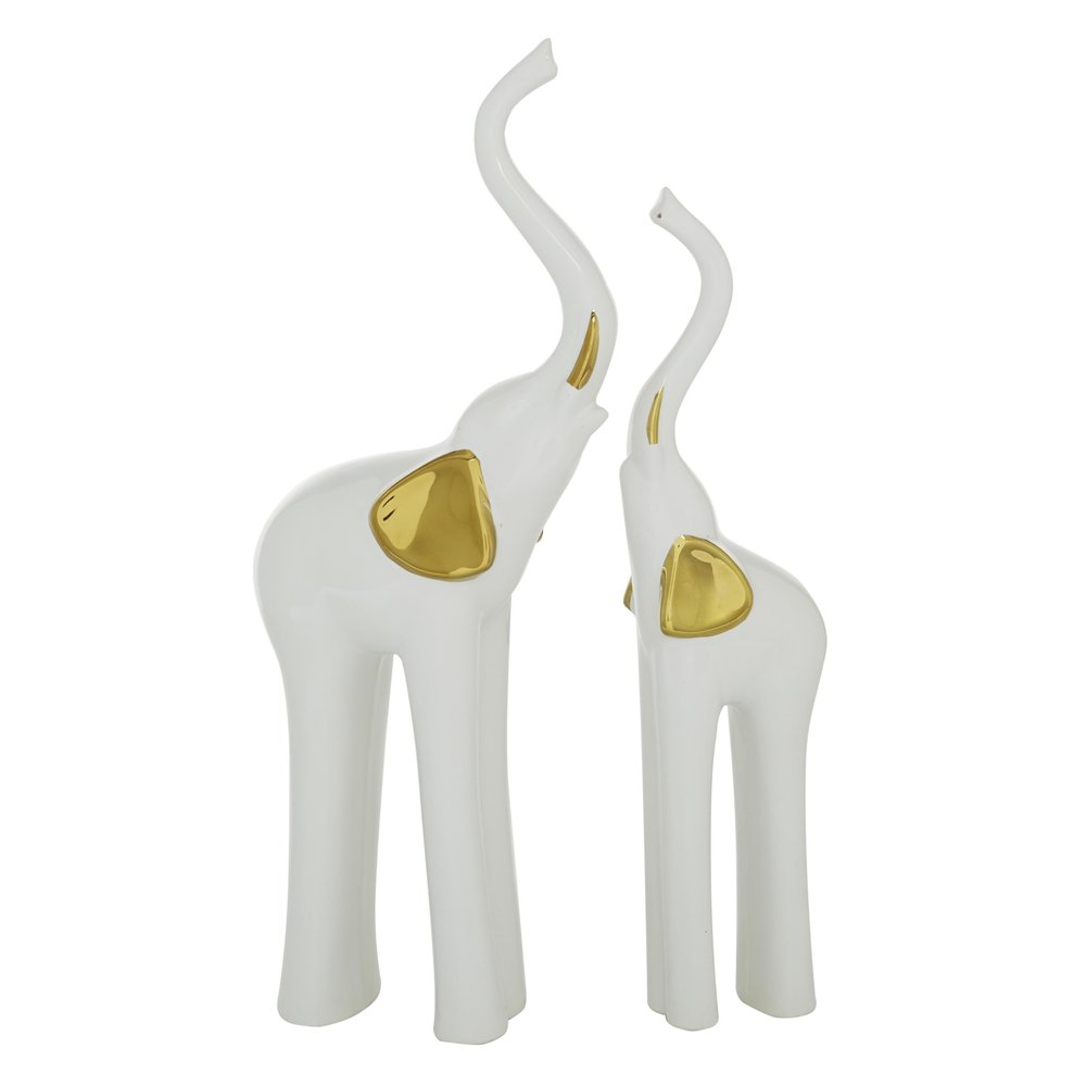 Deco 79 Porcelain Ceramic Elephant Decorative Sculpture Home Decor Statues, Set of 2 Accent Figurines 4"W, 14"H, Gold