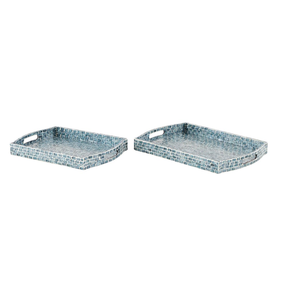 Deco 79 Wood Tray with Slot Handles, Set of 2 20', 18'W, Blue