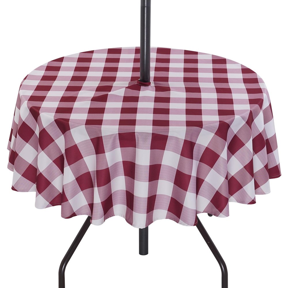 SquarePie 60 Inch Round Outdoor Tablecloth with Umbrella Hole and Zipper - Spillproof Wipeable Polyester Gingham Table Cloth Cover for Patio Picnic Camping Garden BBQ, Burgundy Red Checkered