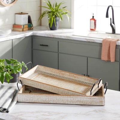 Deco 79 Wood Tray with White Wash, Set of 2 27", 25"W, Brown