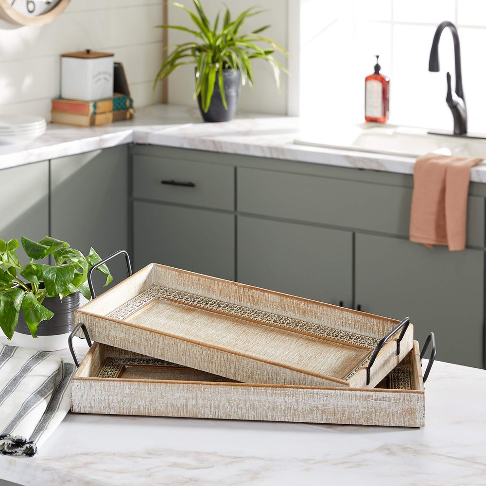 Deco 79 Wood Tray with White Wash, Set of 2 27", 25"W, Brown