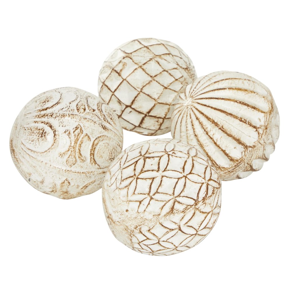 Deco 79 Ceramic Handmade Carved Decorative Ball Orbs & Vase Filler with Varying Patterns, Set of 4 4"W, 4"H, White
